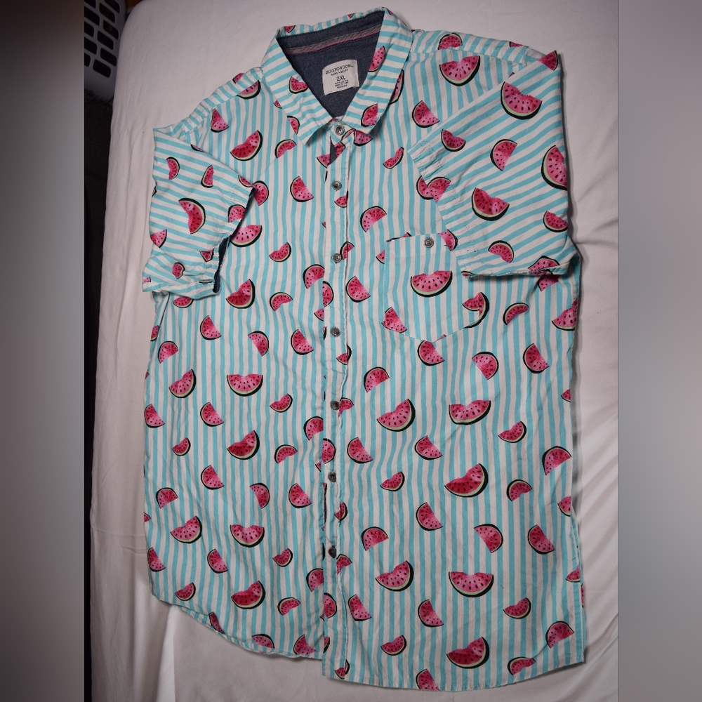 Men's Distortion Short Sleeve Striped shirt with Watermelon Print, 2XL